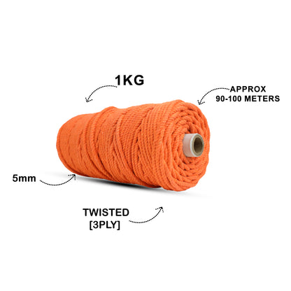 5mm Twisted (3Ply) | Orange | Approx 100 Metres | 1kg Spool | Cotton