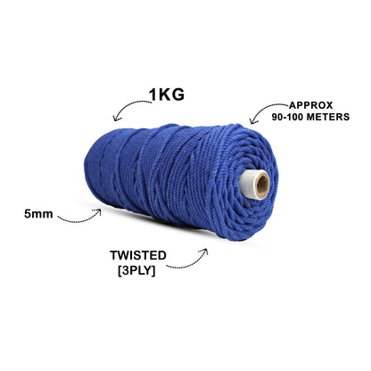 5mm Twisted (3Ply) | Sapphire Blue | Approx 100 Metres | 1kg Spool | Cotton