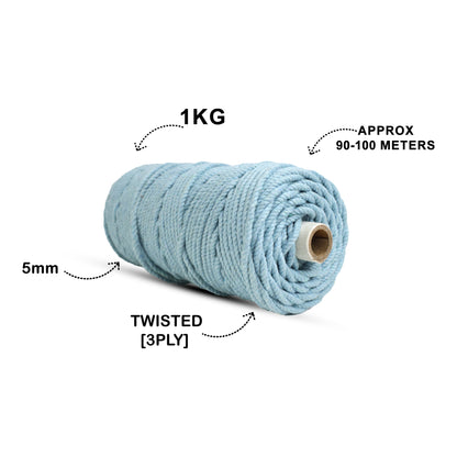 5mm Twisted (3Ply) | Mint Blue | Approx 100 Metres | 1kg Spool | Cotton