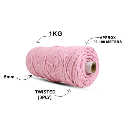 5mm Twisted (3Ply) | Bubble Gum Pink | Approx 100 Metres | 1kg Spool | Cotton