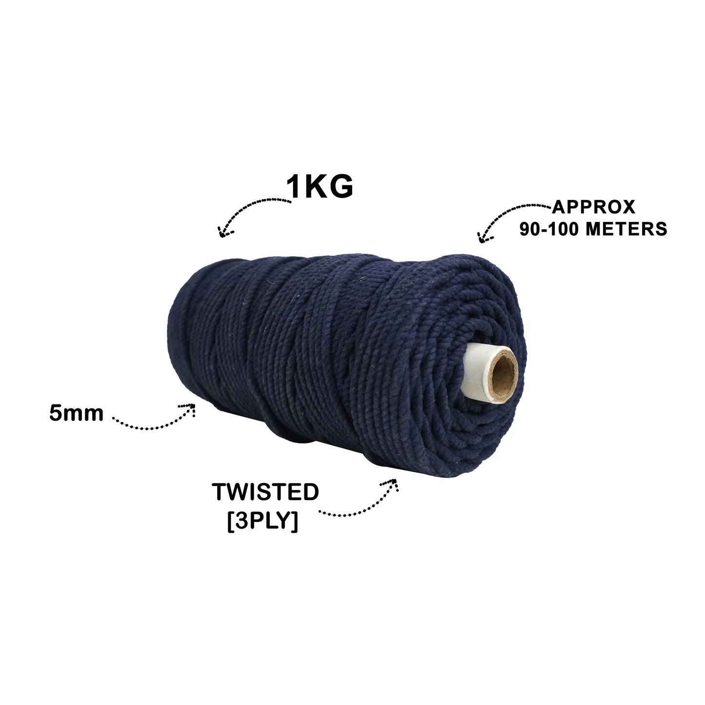 5mm Twisted (3Ply) | Dark Blue | Approx 100 Metres | 1kg Spool | Cotton