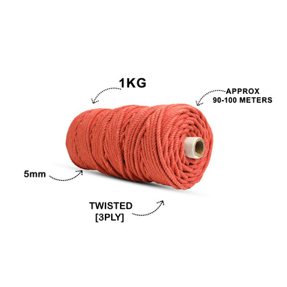 5mm Twisted (3Ply) | Rust | Approx 100 Metres | 1kg Spool | Cotton