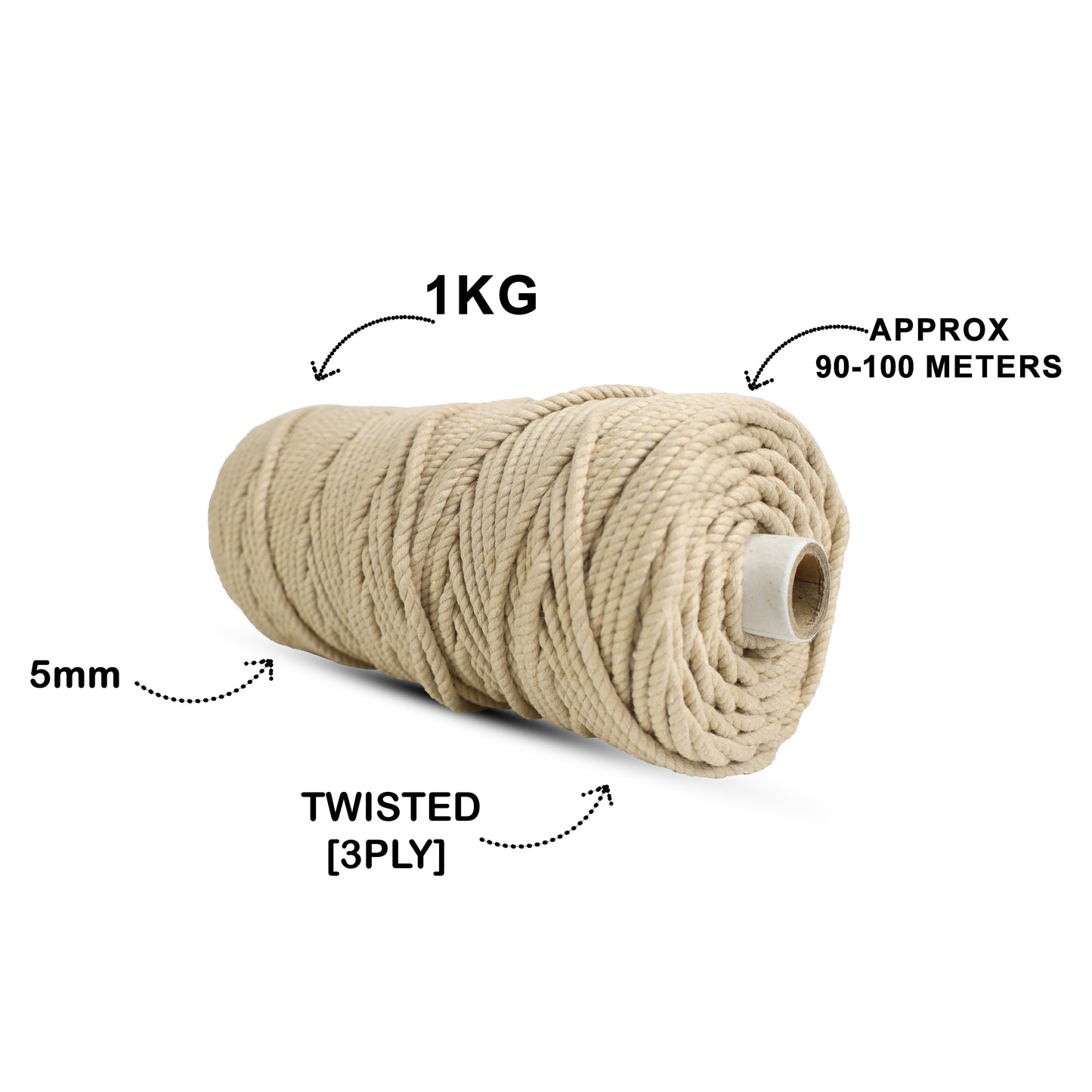 5mm Twisted (3Ply) | Beige | Approx 100 Metres | 1kg Spool | Cotton