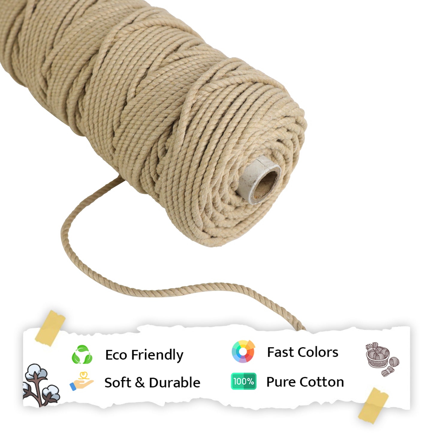 5mm Twisted (3Ply) | Beige | Approx 100 Metres | 1kg Spool | Cotton