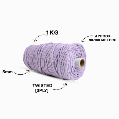 5mm Twisted (3Ply) | Lavender | Approx 100 Metres | 1kg Spool | Cotton