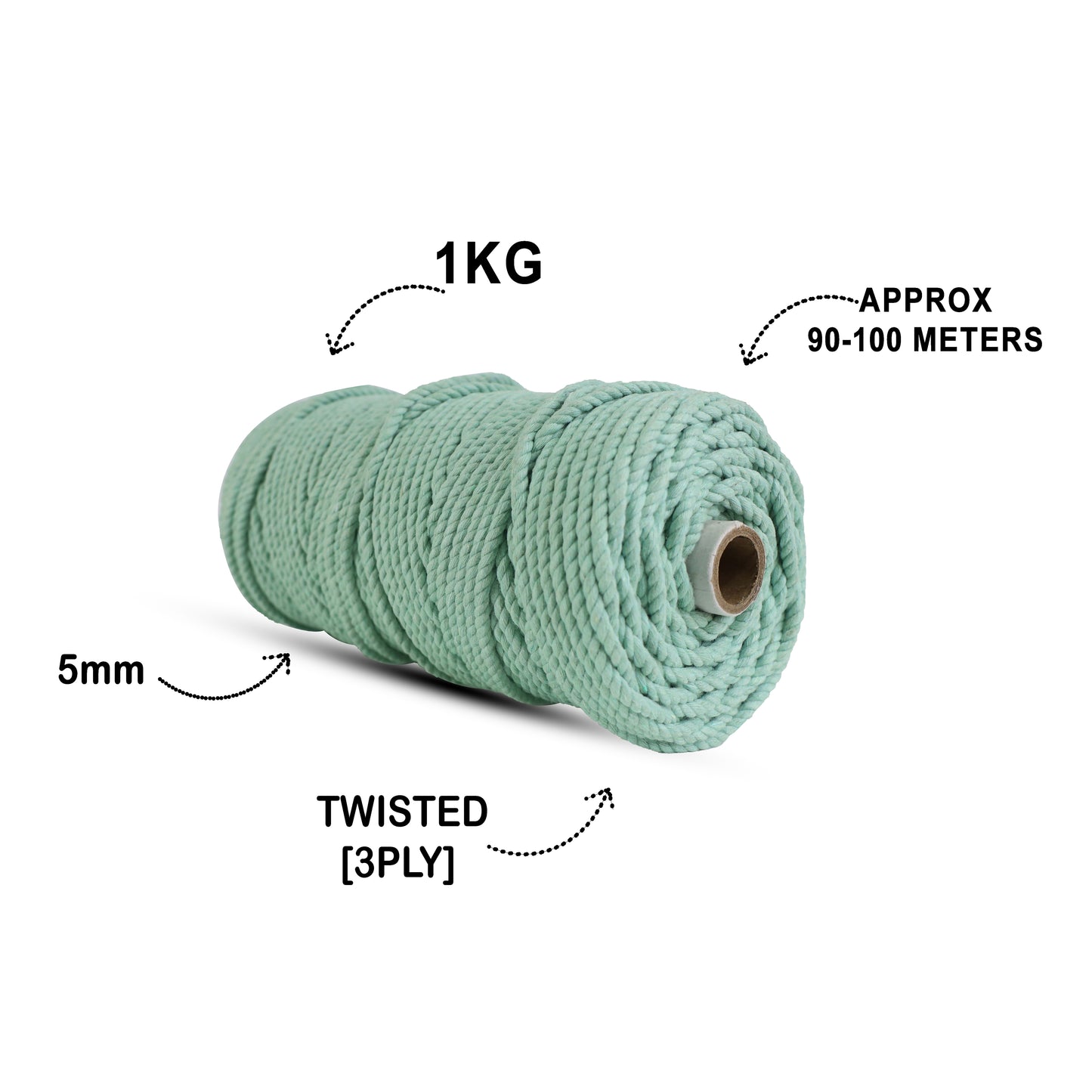 5mm Twisted (3Ply) | Mint Green | Approx 100 Metres | 1kg Spool | Cotton