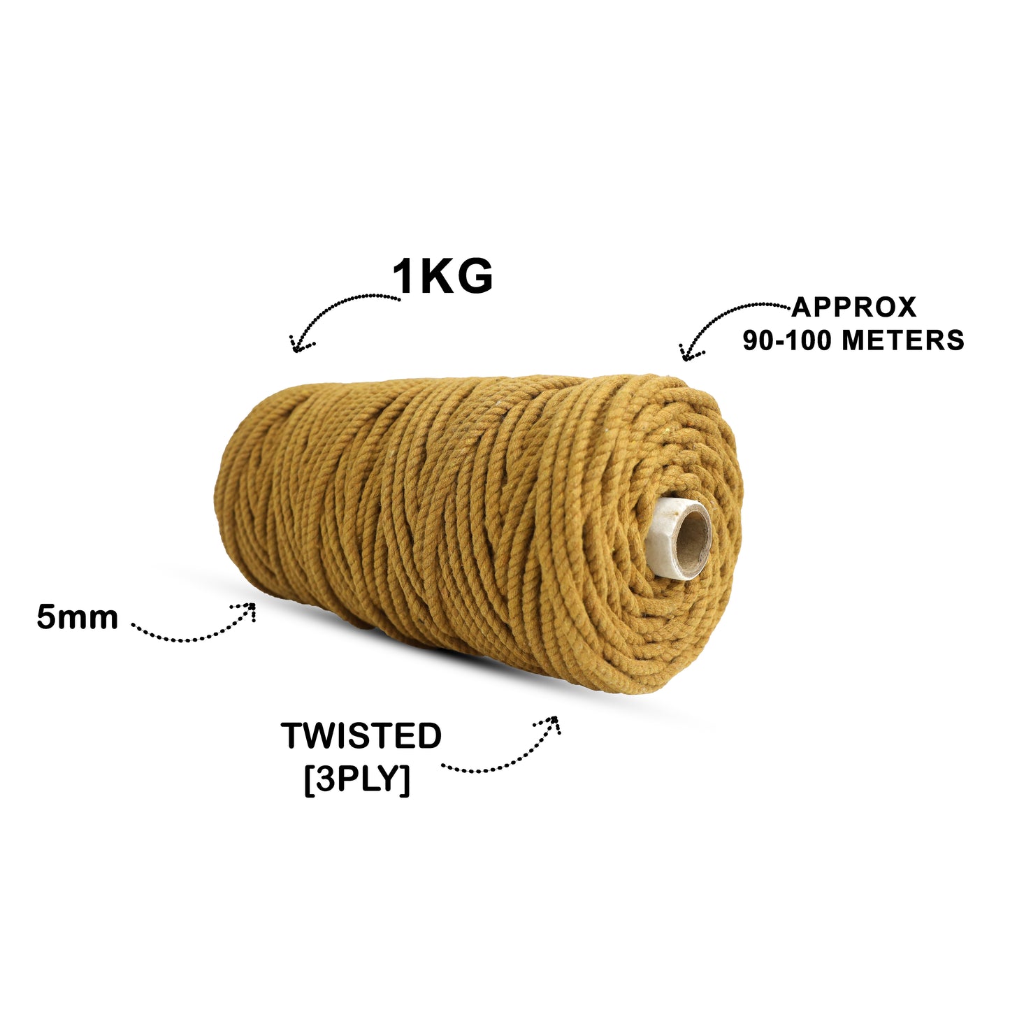 5mm Twisted (3Ply) | Golden Mustard | Approx 100 Metres | 1kg Spool | Cotton