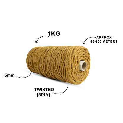 5mm Twisted (3Ply) | Golden Mustard | Approx 100 Metres | 1kg Spool | Cotton