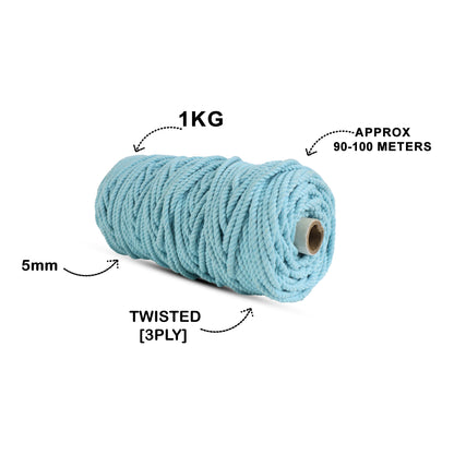 5mm Twisted (3Ply) | Aqua Blue | Approx 100 Metres | 1kg Spool | Cotton