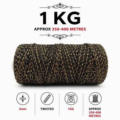 2mm, Twisted Multicolor | Black+Golden | Approx 350-400 meters | 1kg