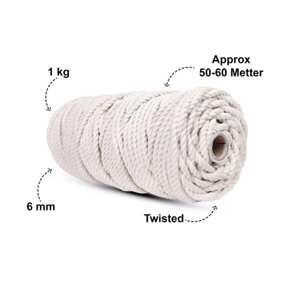 6mm Twisted (3Ply) | Off White | Approx 60 Metres | 1kg Spool | Cotton