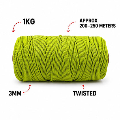 3mm Twisted (3Ply) | Parrot Green | 200 - 250 Metres | 1kg Spool | Cotton | No 13