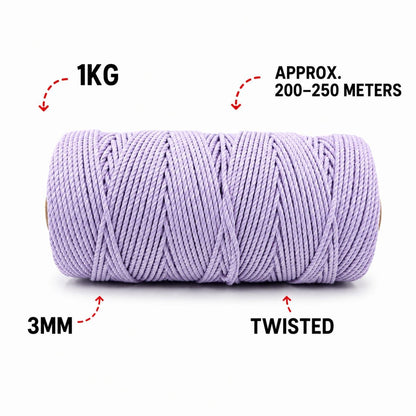 3mm Twisted (3Ply) | Lavender | 200 - 250 Metres | 1kg Spool | Cotton | No 31