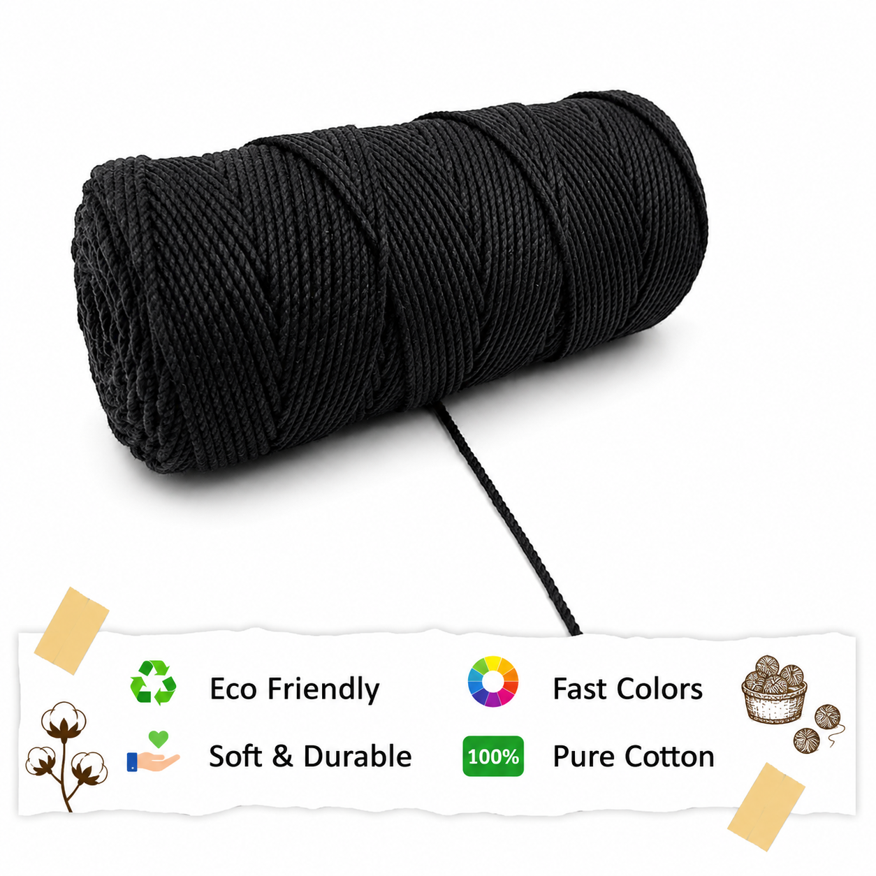 3mm Twisted (3Ply) | Black | 200 - 250 Metres | 1kg Spool | Cotton | No 01