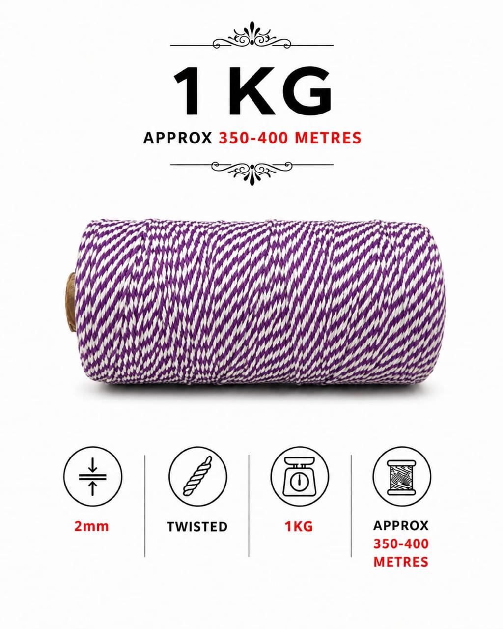 2mm, Twisted Multicolor | Purple+Pure White | Approx 350-400 meters | 1Kg