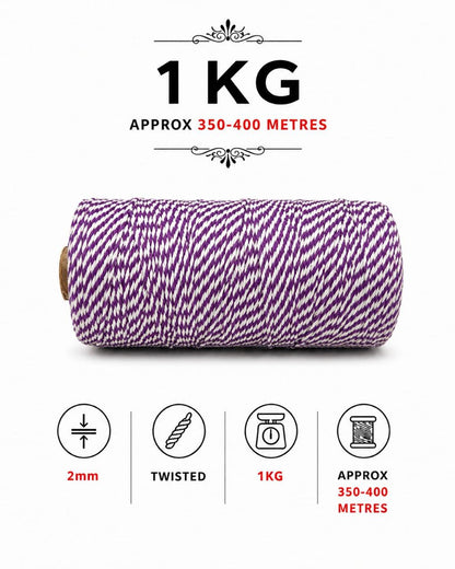 2mm, Twisted Multicolor | Purple+Pure White | Approx 350-400 meters | 1Kg