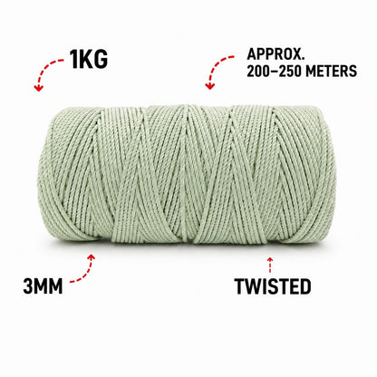 3mm Twisted (3ply) |Sage Colour| 200-250 Meters| Cotton | 1Kg Spool