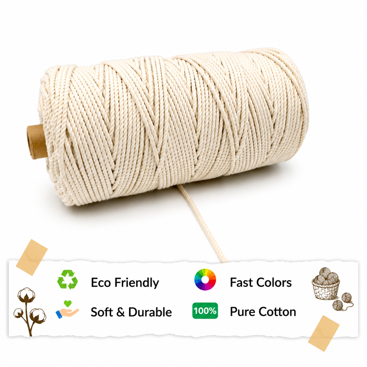 3mm Twisted (3Ply) | Off White | 200 - 250 Metres | 1kg Spool | Cotton | No 04