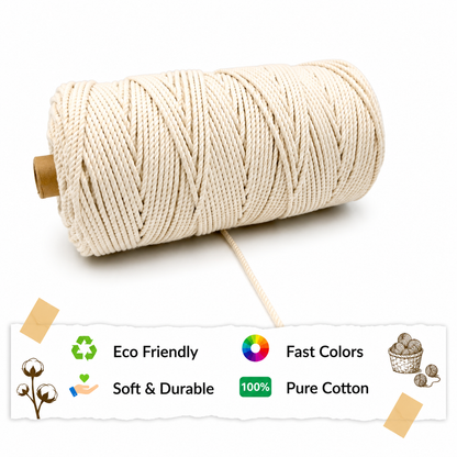 3mm Twisted (3Ply) | Off White | 200 - 250 Metres | 1kg Spool | Cotton | No 04