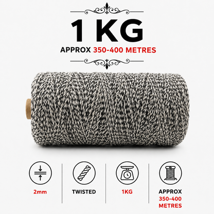 2mm Twisted Multicolor | Black+Off White | Approx 350-400 meters | 1Kg