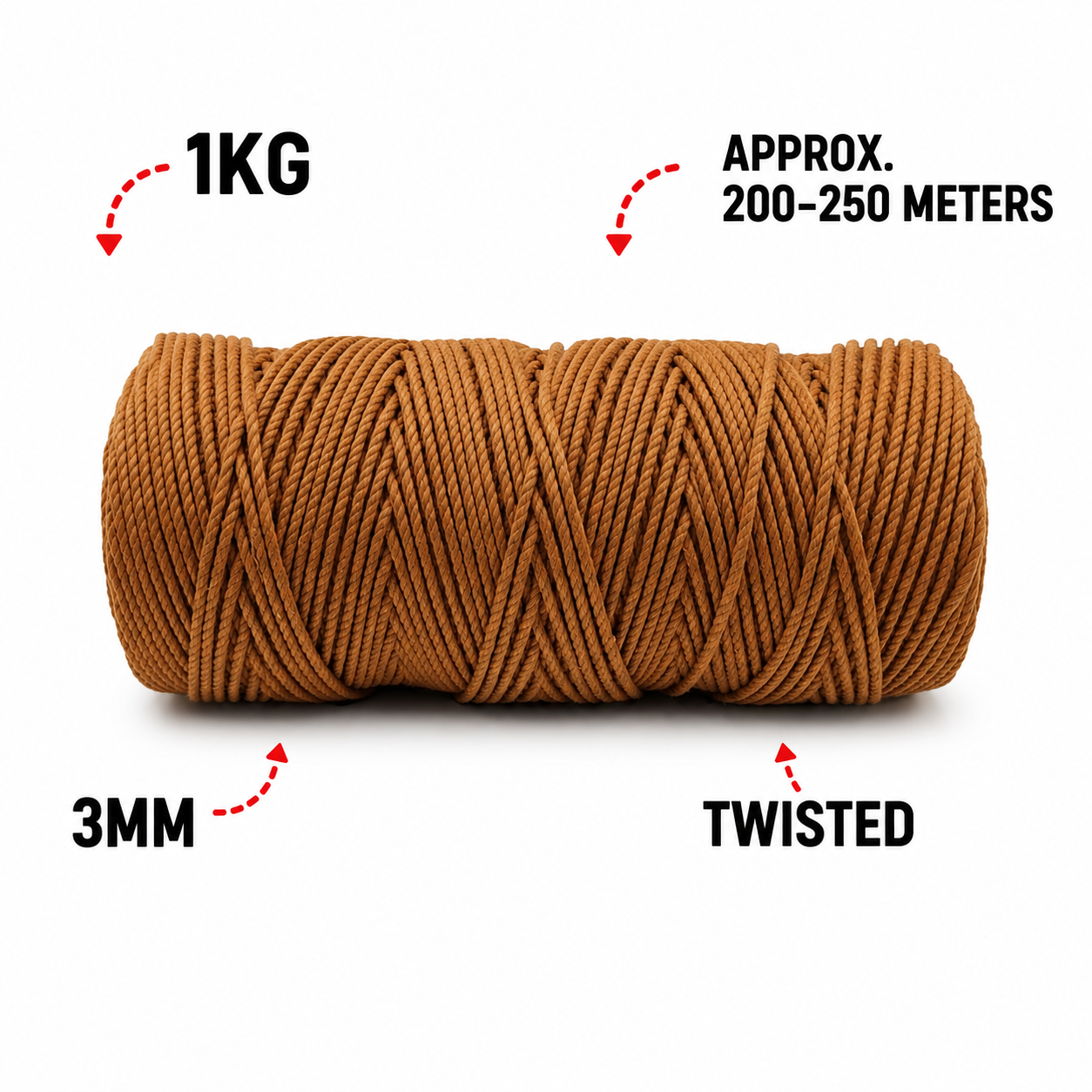 3mm Twisted (3Ply) | Chocolate | 200 - 250 Metres | 1kg Spool | Cotton | No 06