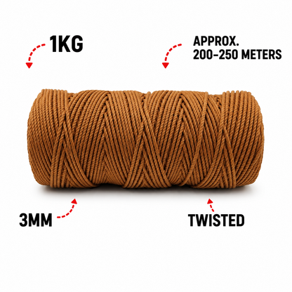 3mm Twisted (3Ply) | Chocolate | 200 - 250 Metres | 1kg Spool | Cotton | No 06