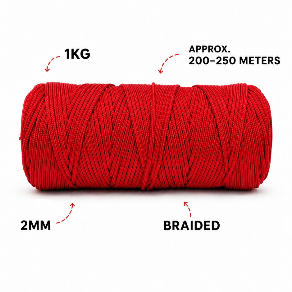 2mm Braided Polyester Outside| Red| 200-250 meters |1Kg spool