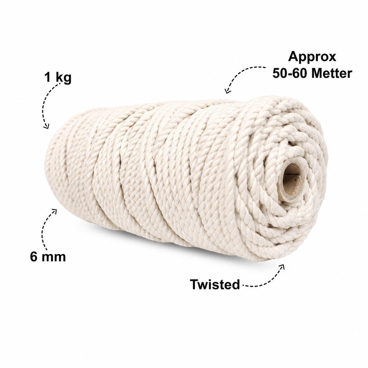 6mm Twisted (3Ply) | Off White | Approx 60 Metres | 1kg Spool | Cotton