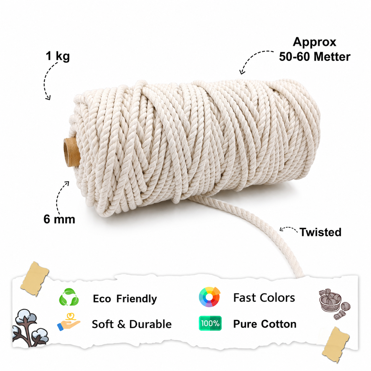 6mm Twisted (3Ply) | Off White | Approx 60 Metres | 1kg Spool | Cotton