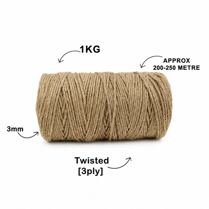 3mm Twisted (3Ply) | Jute Rope | 200 - 250 Metres | 1kg Spool