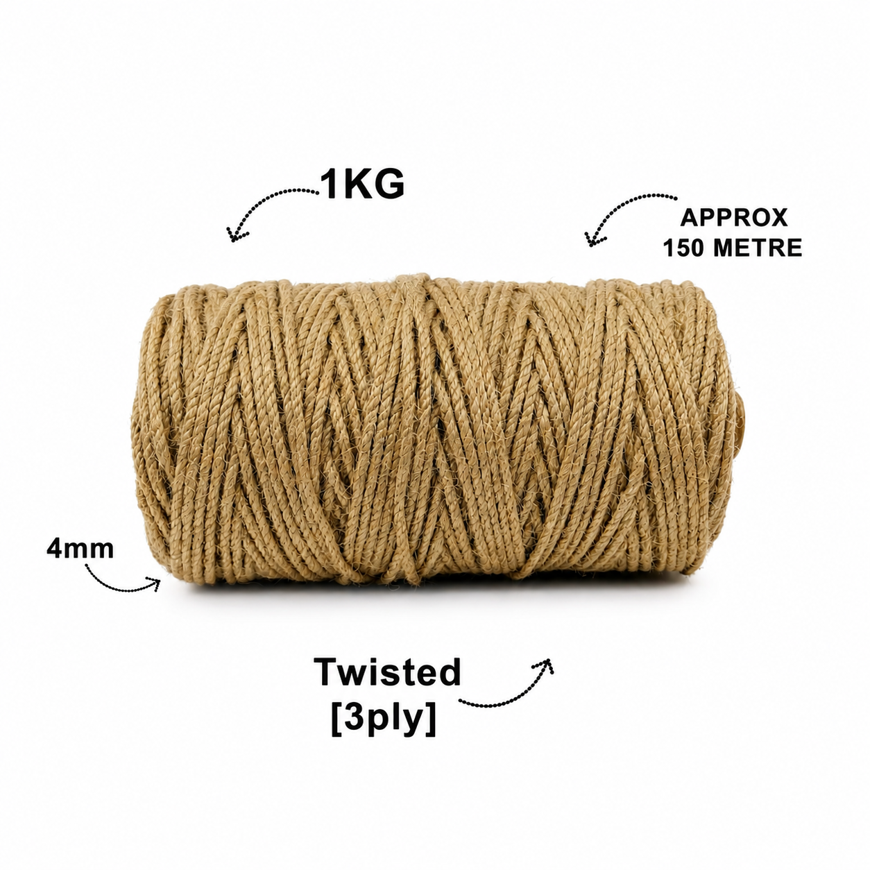 4mm Twisted (3Ply) | Jute Rope | 150 Metres | 1kg Spool