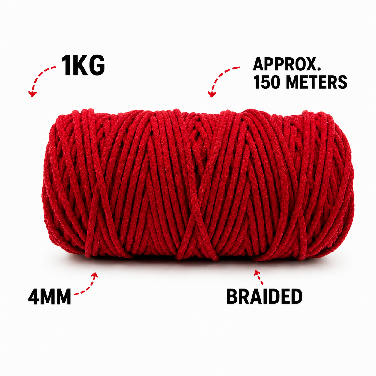 4mm Knitted | Red | 150 Meters | 1Kg Spool | Cotton