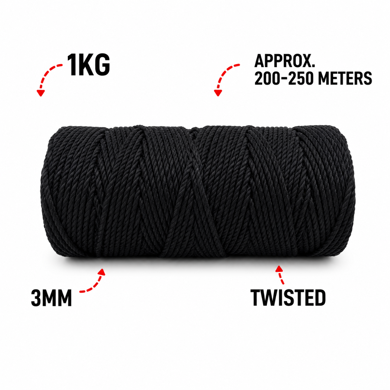 3mm Twisted (3Ply) | Black | 200 - 250 Metres | 1kg Spool | Cotton | No 01