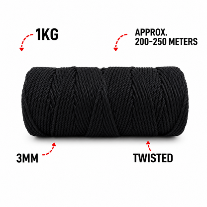 3mm Twisted (3Ply) | Black | 200 - 250 Metres | 1kg Spool | Cotton | No 01