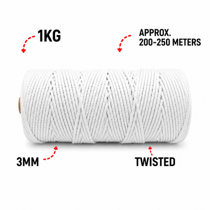 3mm Twisted (3Ply) | Pure White | 200 - 250 Metres | 1kg Spool | Cotton | No 03