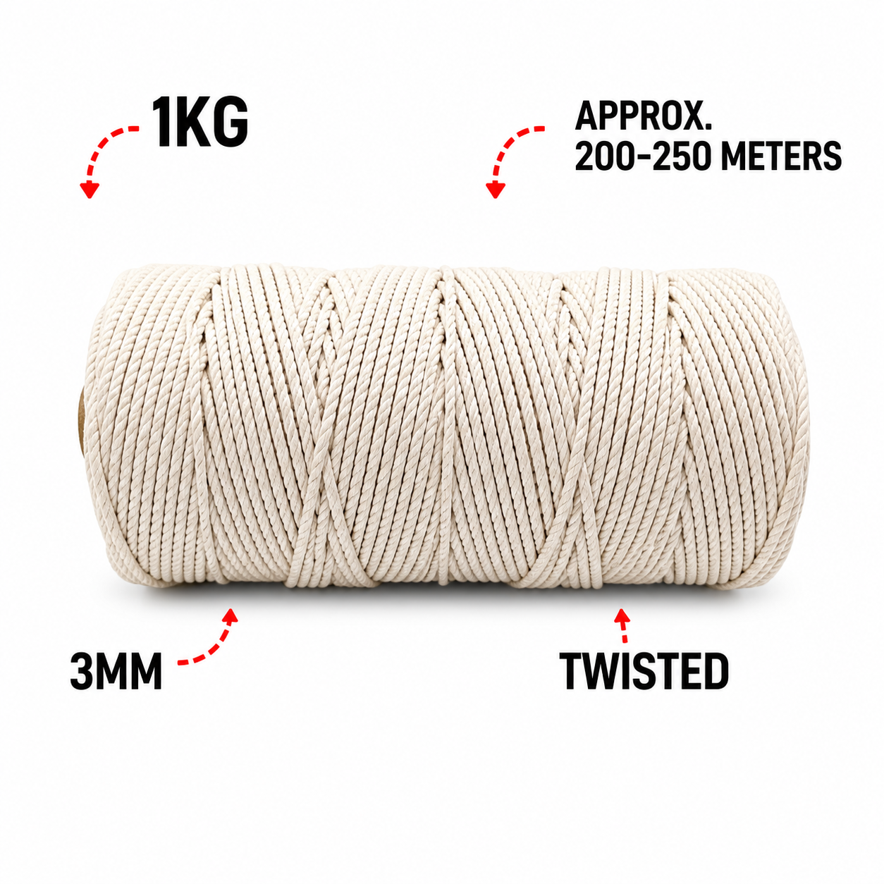 3mm Twisted (3Ply) | Off White | 200 - 250 Metres | 1kg Spool | Cotton | No 04