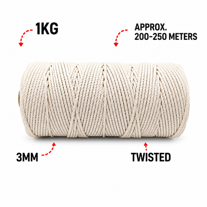 3mm Twisted (3Ply) | Off White | 200 - 250 Metres | 1kg Spool | Cotton | No 04