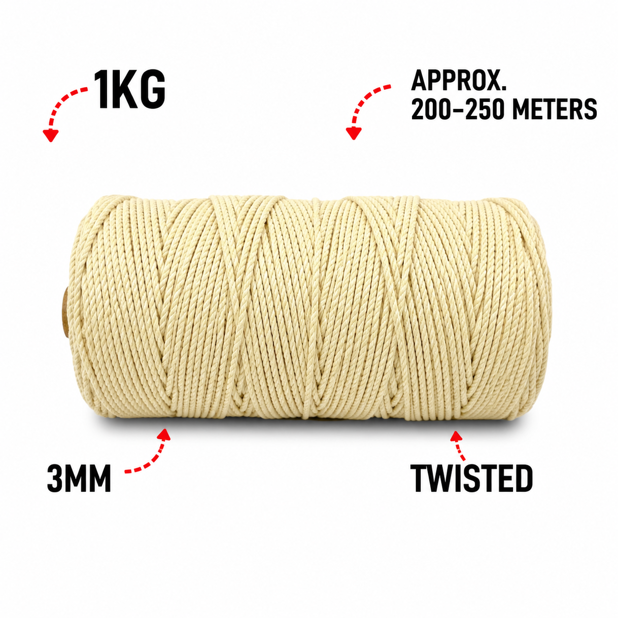 3mm Twisted (3Ply) | Light Yellow | 200 - 250 Metres | 1kg Spool | Cotton | No 09