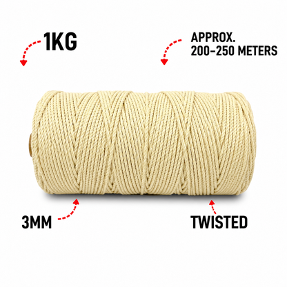 3mm Twisted (3Ply) | Light Yellow | 200 - 250 Metres | 1kg Spool | Cotton | No 09