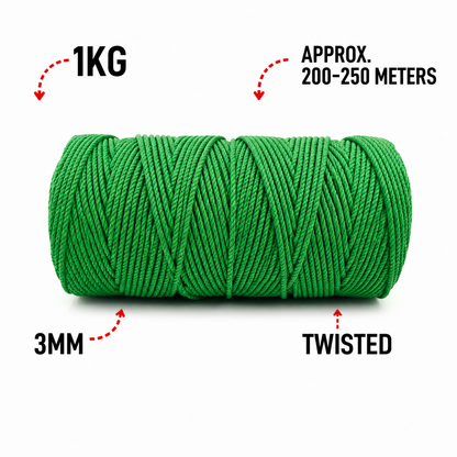 3mm Twisted (3Ply) | Green | 200 - 250 Metres | 1kg Spool | Cotton | No 11