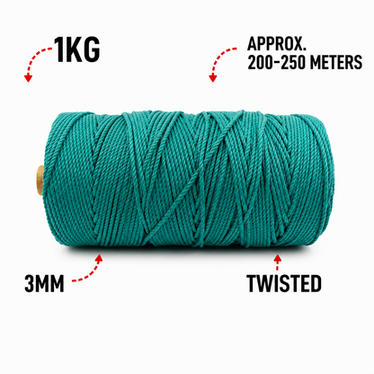 3mm Twisted (3Ply) | Sea Green | 200 - 250 Metres | 1kg Spool | Cotton | No 12
