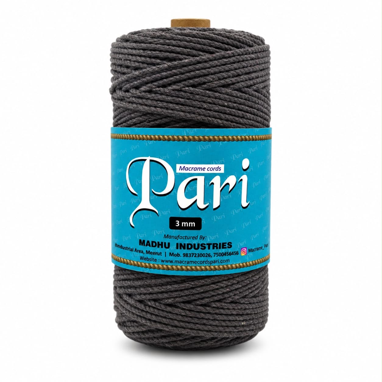 3mm Twisted (3Ply) | Dark Grey | 200- 250 Metres | 1kg Spool | Cotton | No 02