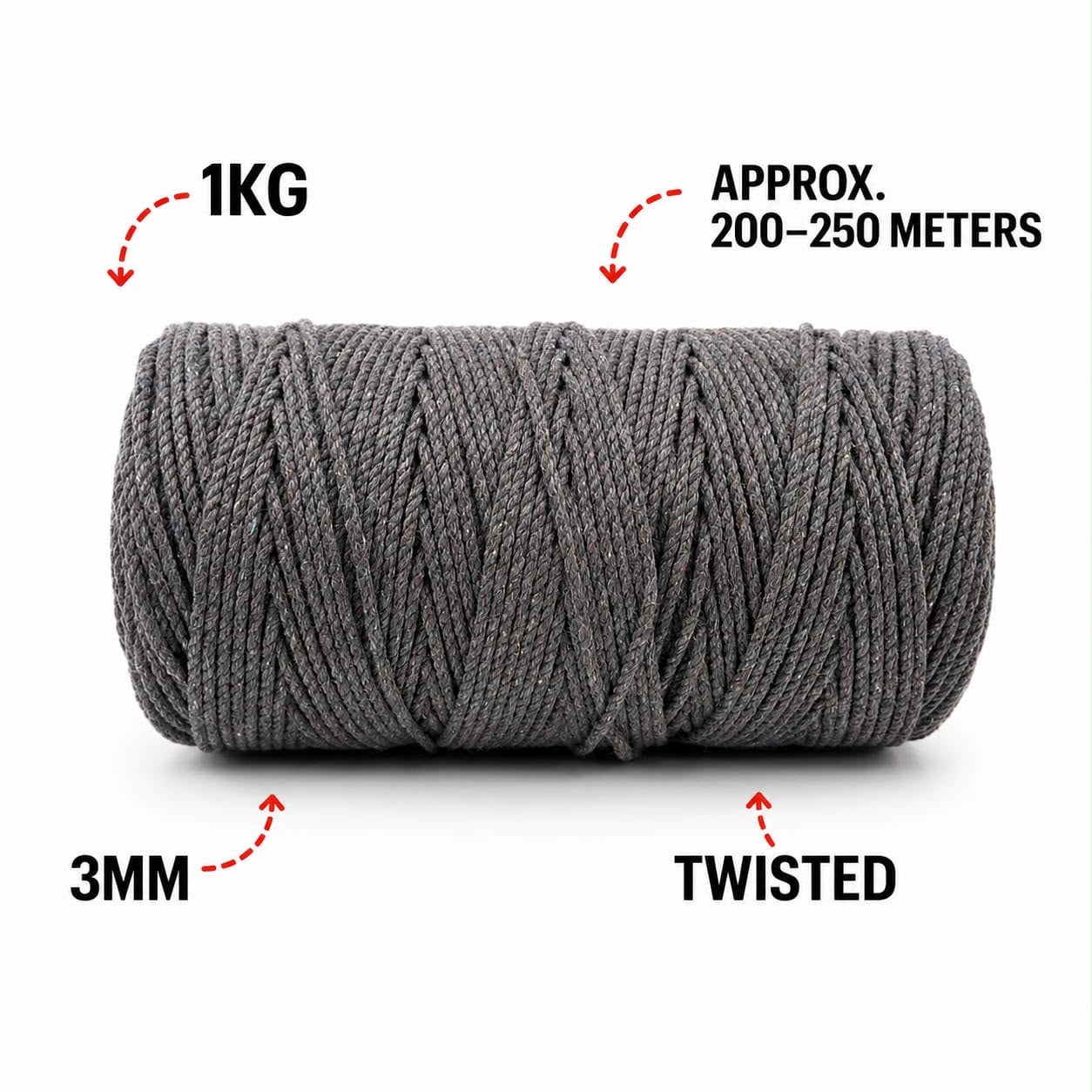 3mm Twisted (3Ply) | Dark Grey | 200- 250 Metres | 1kg Spool | Cotton | No 02