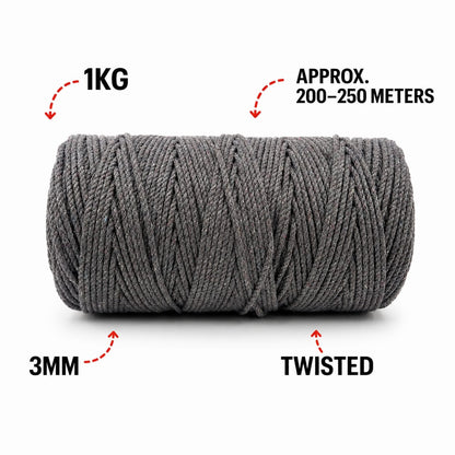 3mm Twisted (3Ply) | Dark Grey | 200- 250 Metres | 1kg Spool | Cotton | No 02