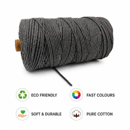 3mm Twisted (3Ply) | Dark Grey | 200- 250 Metres | 1kg Spool | Cotton | No 02