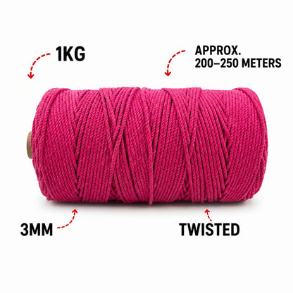 3mm Twisted (3Ply) | Hot Pink | 200 - 250 Metres | 1kg Spool | Cotton | No 16