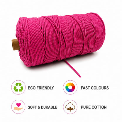 3mm Twisted (3Ply) | Hot Pink | 200 - 250 Metres | 1kg Spool | Cotton | No 16