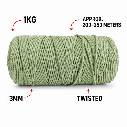 3mm Twisted (3Ply) | Olive Green | 200 - 250 Metres | 1kg Spool | Cotton | No 14