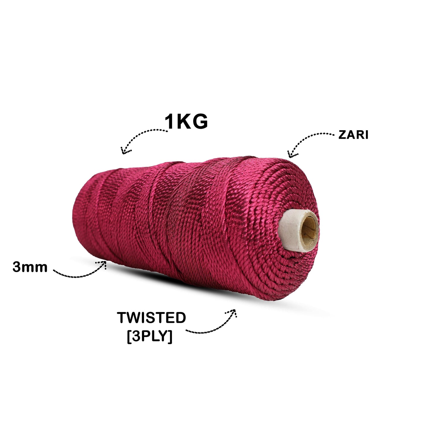 3mm Twisted 3ply Metallic / Zari Cords | Red | Approx 200 - 250 Metres | 1kg Spool