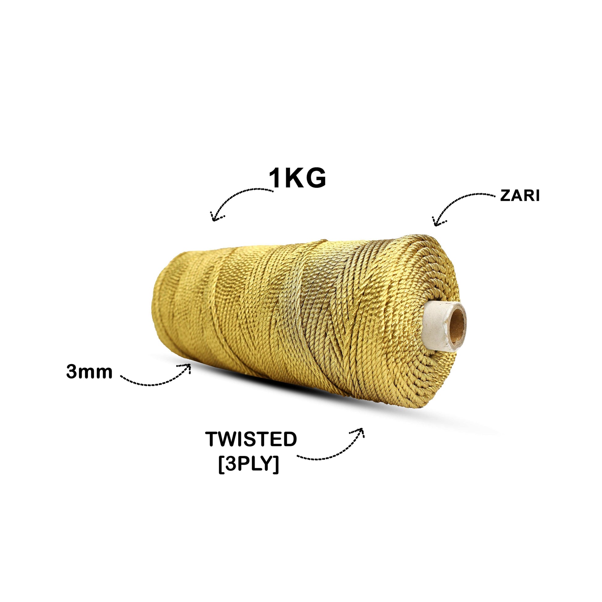 3mm Twisted 3ply Metallic / Zari Cords | Golden | Approx 200- 250 Metres | 1kg Spool